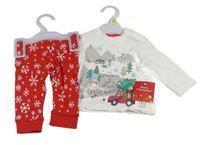Nové - 2set - Bílé triko s autem a zvířaty + červené lehké tepláky s vločkami F&F