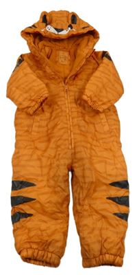 Oranžová vzorovaná šusťáková zateplená kombinéza s kapucí - tygr Tu