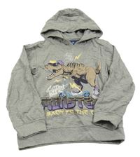 Šedá melírovaná mikina s dinosaurem a kapucí