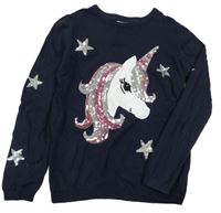 Tmavomodrý sveter s jednorožcem z flitrů Primark