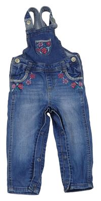 Modré rifľové na traké nohavice s výšivkami květů Mothercare