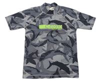Sivo-čierne vzorované UV tričko so žralokmi a nápisom Next