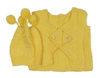 2 set - žltá pletená prepínaci vesta + pletená čapica s bambulkami