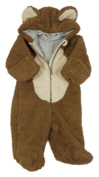 Hnědo-smetanová huňatá zateplená kombinéza s kapucí - medvěd M&S