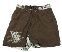 Hnedo-modré plážové kraťasy s army vzorom