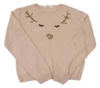 Svetloružový sveter so sobom a flitrami H&M