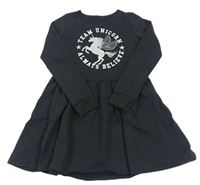 Čierne teplákové šaty s jednorožcom a nápisom F&F
