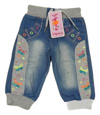 Nové - Světlemodro-sivé teplákové cuff rifle s motýlikmi a úpletovým pasom zn.