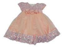 Světlerůžové slavnostní šaty s flitry a tylovou sukní a 3D květy 