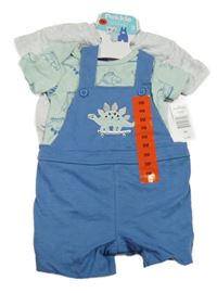 Nové - 3set - Šedé tričko s diny + zelené body s diny + modré laclové teplákové kraťasy s diny Pekkle