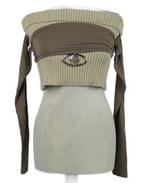 Dámský béžovo-hnědý žebrovaný crop svetr s odhalenými rameny 