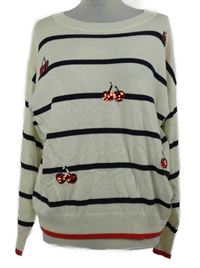 Dámský smetanovo-tmavomodrý pruhovaný svetr s třešničkami TU 