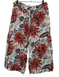 Dámské bílo-karmínové květované lněné culottes kalhoty s páskem Esmara 