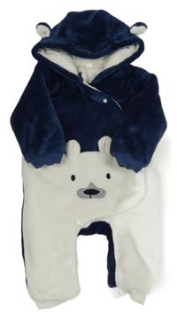 Modro-bílá chlupatá zateplená kombinéza s kapucí- medvěd