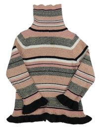 Čierno-ružový pruhovaný rebrovaný sveter s rolákom Primark