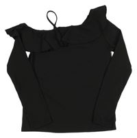 Čierne rebrované tričko s volánikom Shein