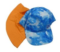 2 set - oranžový klobouk + modro-bílá batikovaná kšiltovka