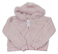 Nové - Světlerůžová chlupatá žebrovaná mikina s kožešinou na kapucí River Island