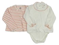 2set - Bielo-lososová pruhovaná froté mikina + biele body Petit Bareau