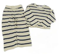 2set - Béžovo-tmavomodrý pruhovaný svetr s dirkovaným vzorem + kalhoty Zara