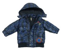 Čierno-modrá kockovaná šušťáková zimná bunda s odopínacíá kapucňou