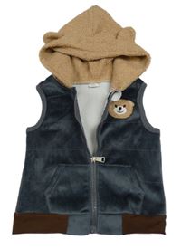 Tmavošedo-béžová plyšovo/huňatá vesta s medvedíkom a kapucňou