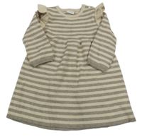 Béžovo-hnedé pruhované rebrované svetrové šaty s volánikmi F&F