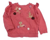 Jahodová melírovaná mikina so zvieratkami a bambulkami a volánikmi s madeirou Mothercare