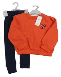 Nová - 2Set - Červená oversize mikina s nápisem a smajlíkem + tmavomodré žebrované tepláky M&S