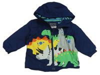 Tmavomodrá šusťáková podzimní bunda s dinosaury a kapucí Next