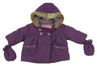 Purpurová šušťáková zimná bunda s kapucňou s kožešinou + rukavice zn. M&S