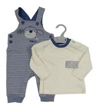 Nové - 2Set - Modro-bílé pruhované melírované laclové tepláky s pejskem + bílo-tmavomodré triko Matalan