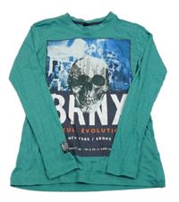 Modrozelené melírované tričko s lebkou Y.F.K.