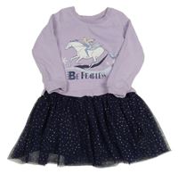 Levandulovo-tmavomodré teplákovo/tylové šaty s Elsou Disney