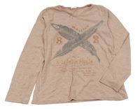 Pudrovo-šedé melírované triko s pírky a nápisy a číslem Zara