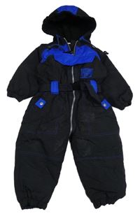 Černo-safírová kostkovaná šusťáková zimní kombinéza s nášivkou a kapucí a páskem gelati