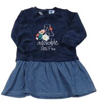 Tmavomodro-modré plyšovo/riflové šaty s kytičkami a písmenkem a nápisy Mots d'enfants