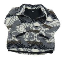 Sivo-bielo-čierno-hnedá vzorovaná huňatá podšitá bunda s golierikom Next