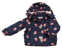 Tmavomodrá šusťáková jarní bunda se sovičkami a srdíčky a odepínací kapucí impidimpi