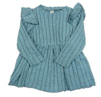 Modro-sivé melírované rebrované úpletové šaty s volánikmi SHEIN