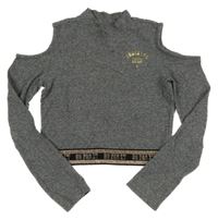 Šedý melírovaný crop rolák s číslem a zlatými pruhy a volnými rameny Page one young