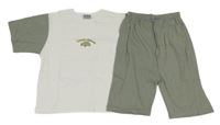 2Set - Bílo-šedokhaki tričko s autem a nápisem + kraťasy cotton world