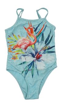 Mátovo-modré batikované jednodílné plavky s plameňákem WE