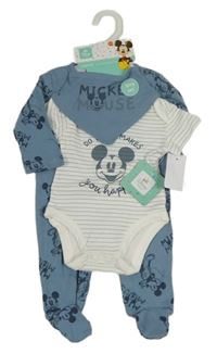 Nové - 3set - Bílo-modré pruhované body s Mickeym + modrý overal + slinták Disney
