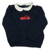 Tmavomodrý sveter s autom a golierikom Tu