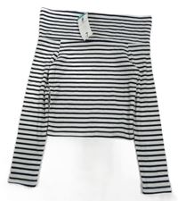 Nové - Bílo-černé pruhované žebrované triko s volnými rameny Matalan