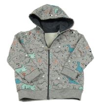 Sivá melírovaná prepínaci mikina s dinosaurami a kapucňou