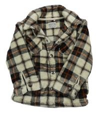 Béžovo-tmavohnědo-oranžová kockovaná chlpatá košeľová bunda Next