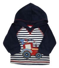 Tmavomodro-biela pruhovaná fleecová mikina s traktorom a kapucňou M&Co.