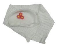 2set - Bílá pletená šála + čepice s květinami